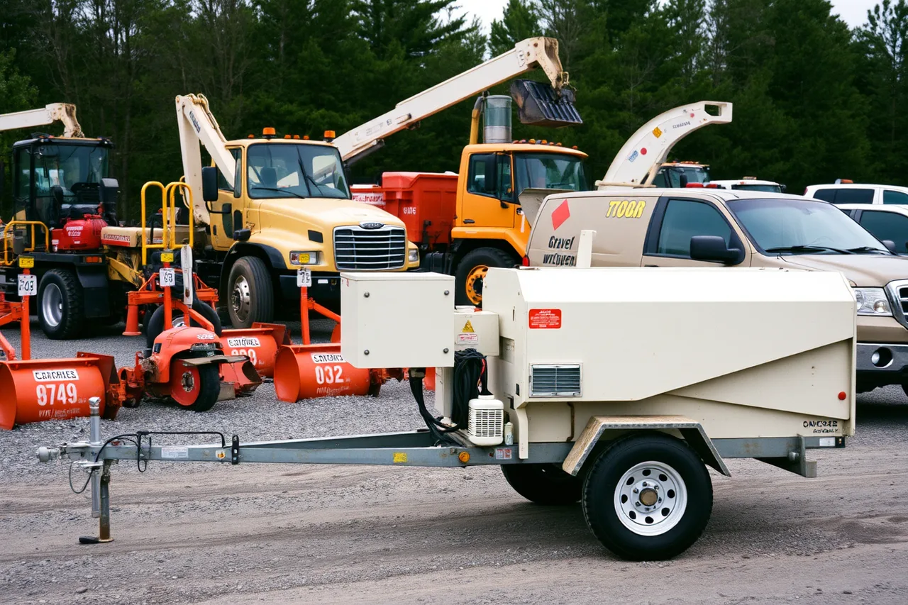 Used wood chipper and stump grinders lined up on a US dealer lot (Buying arborist equipment in Canada vs the United States, and what duty adds)