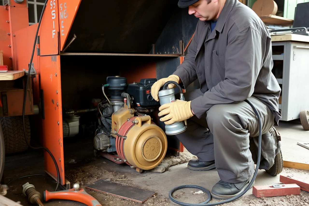 Arborist technician replacing a hydraulic pump on a wood chipper (Buying arborist equipment in Canada vs the United States, and what duty adds)