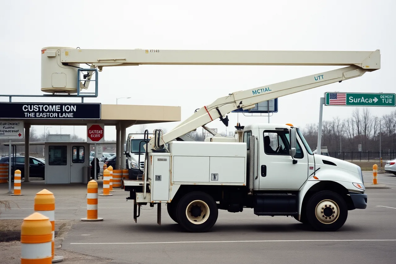 Used bucket truck waiting at a Canada-US border crossing (Buying arborist equipment in Canada vs the United States, and what duty adds)