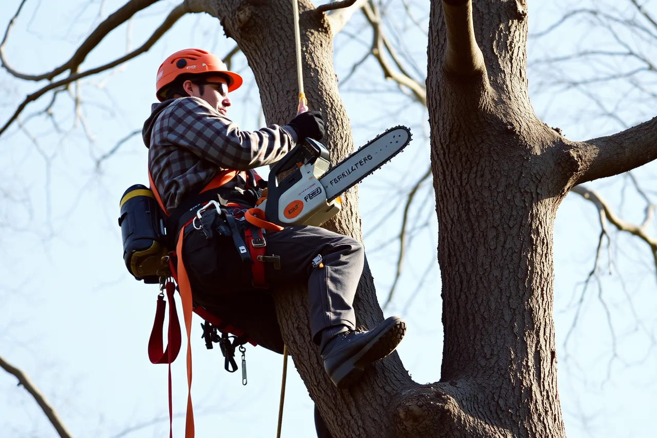 Arborist in tree with climbing line, lanyard, and chainsaw (How Canadian arborists read CSA Z133 and provincial OHS rules together)
