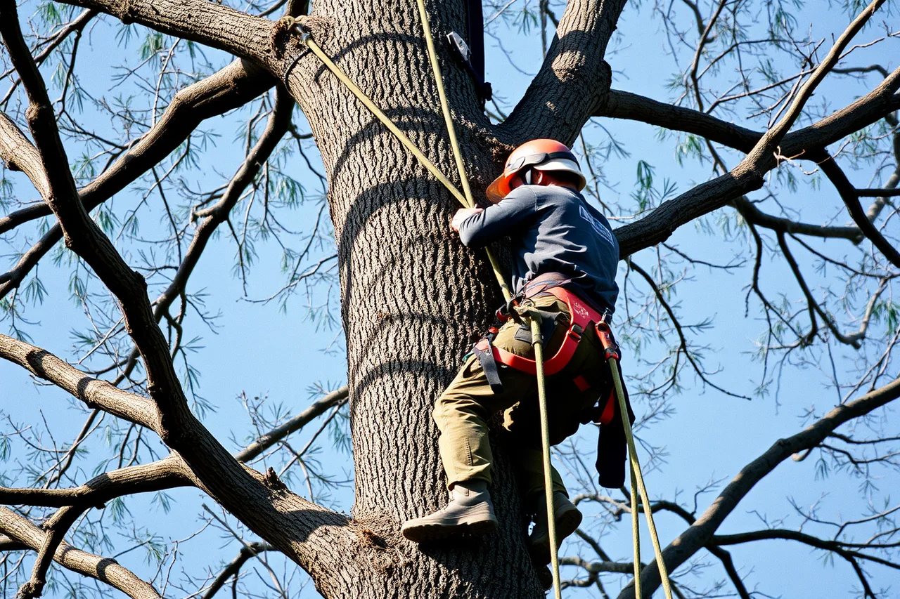 Arborist in climbing gear ascending a tree with chainsaw and ropes (How Canadian tree services hire foreign arborists through the Temporary Foreign Worker Program)