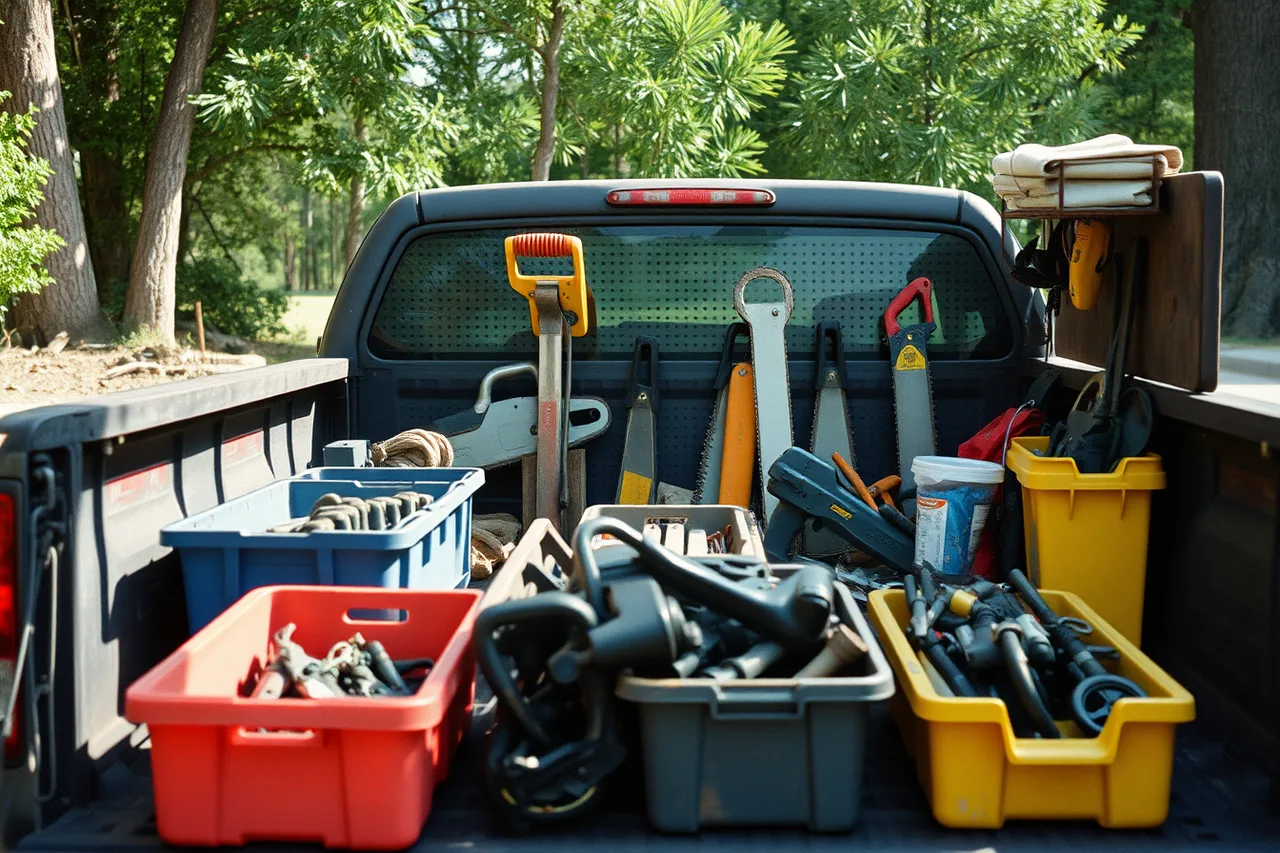 Tree service truck bed with organized hand tools and climbing gear (Tree service equipment: the case for used, the case for new)