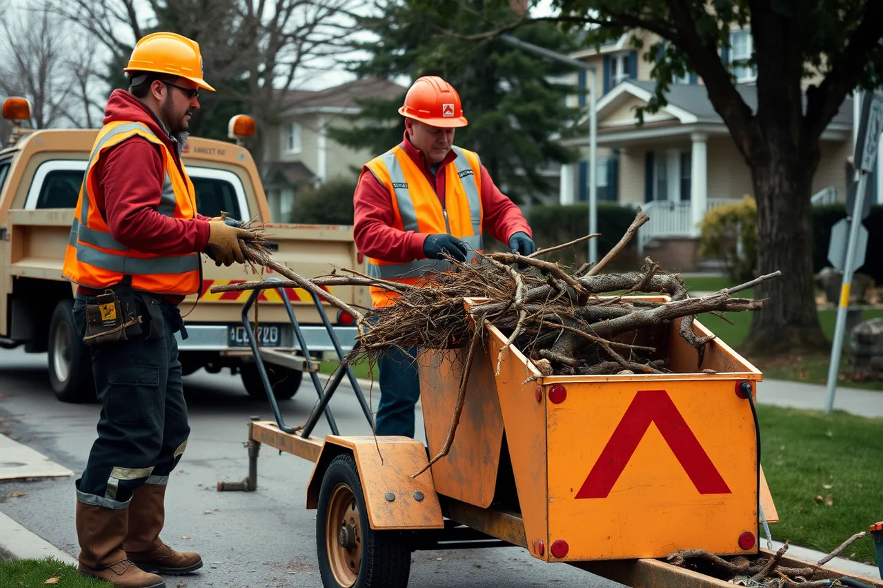 Tree crew feeding branches into a tow-behind wood chipper on a residential street (Pricing pruning work in Canadian dollars: rate benchmarks by province)