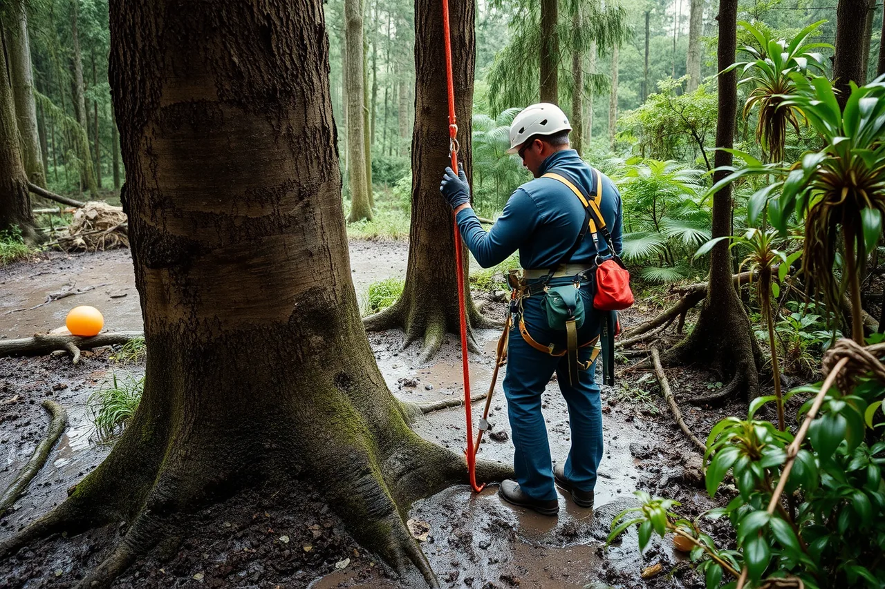 Arborist checking soil moisture before rigging a tree on the wet BC coast (Pruning seasons across Canadian climate zones, from coast to prairie to North)