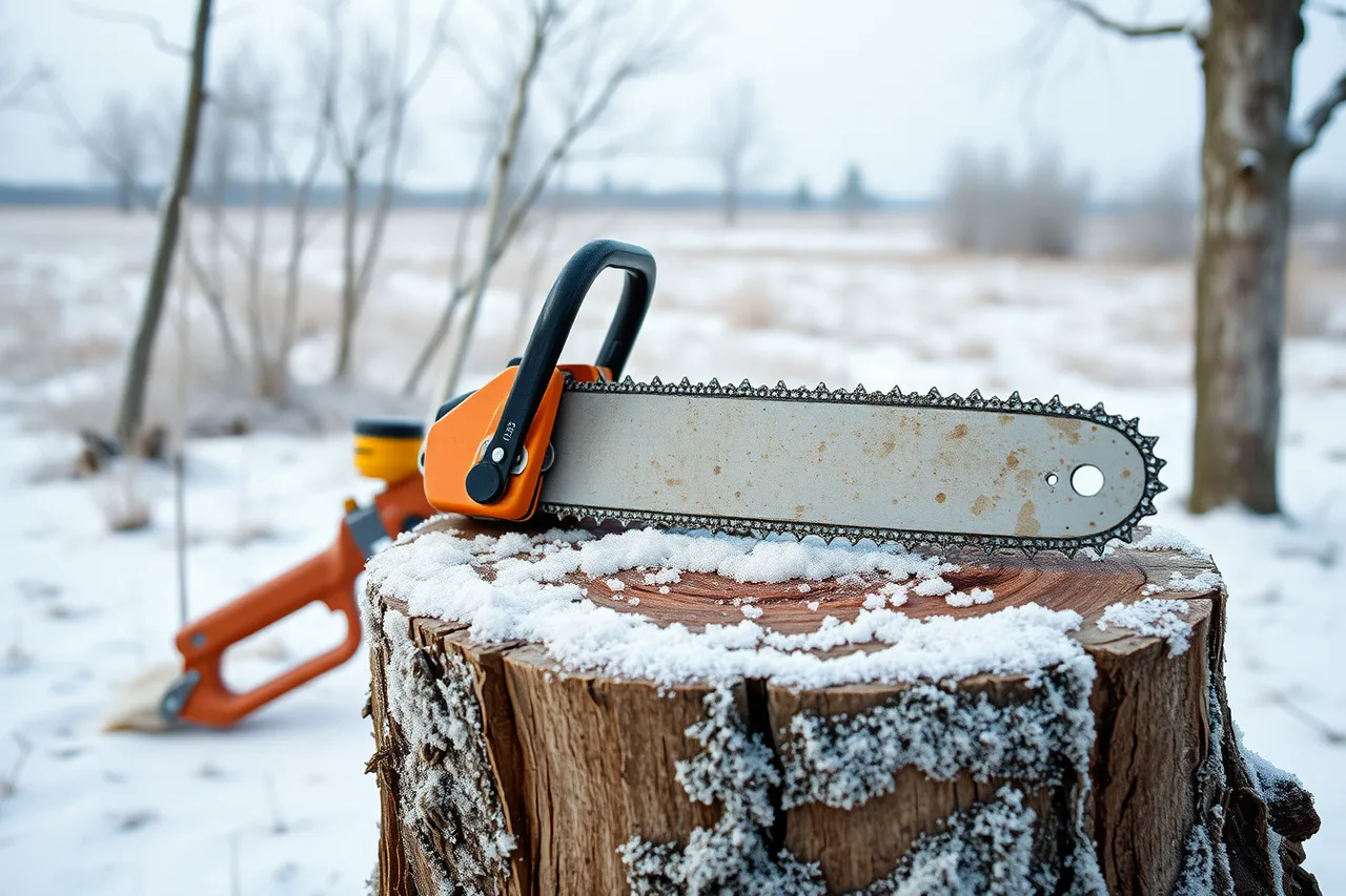 Arborist sawing frozen brittle branch in extreme prairie cold (Pruning seasons across Canadian climate zones, from coast to prairie to North)