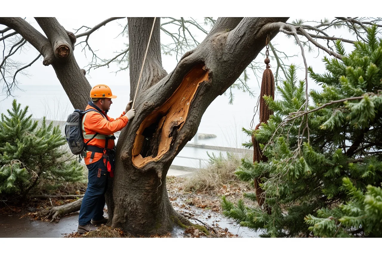 Arborist removing storm-damaged hanging limb in Atlantic Canada (Pruning seasons across Canadian climate zones, from coast to prairie to North)