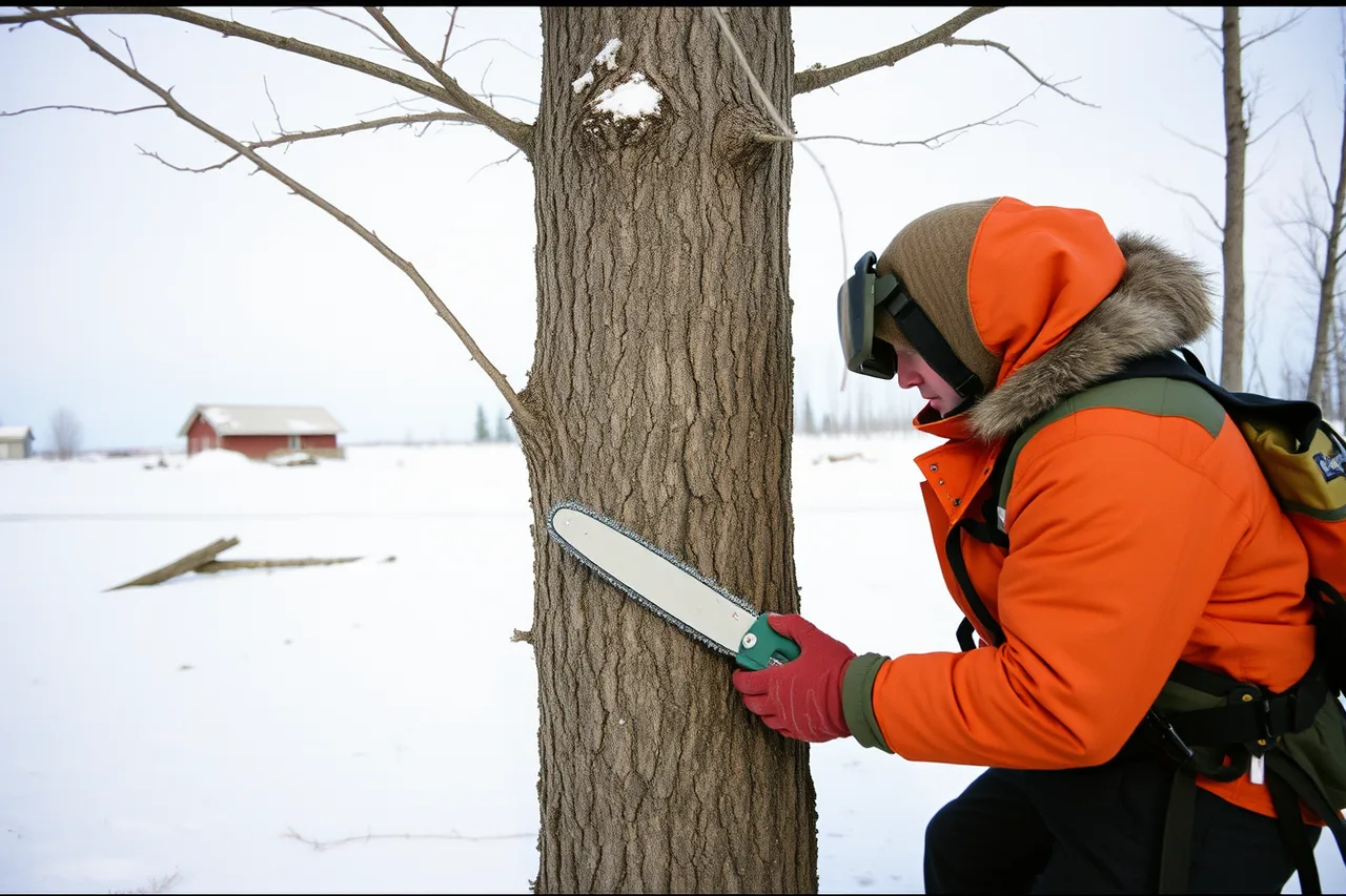 Arborist doing limited pruning on a northern tree in extreme cold (Pruning seasons across Canadian climate zones, from coast to prairie to North)