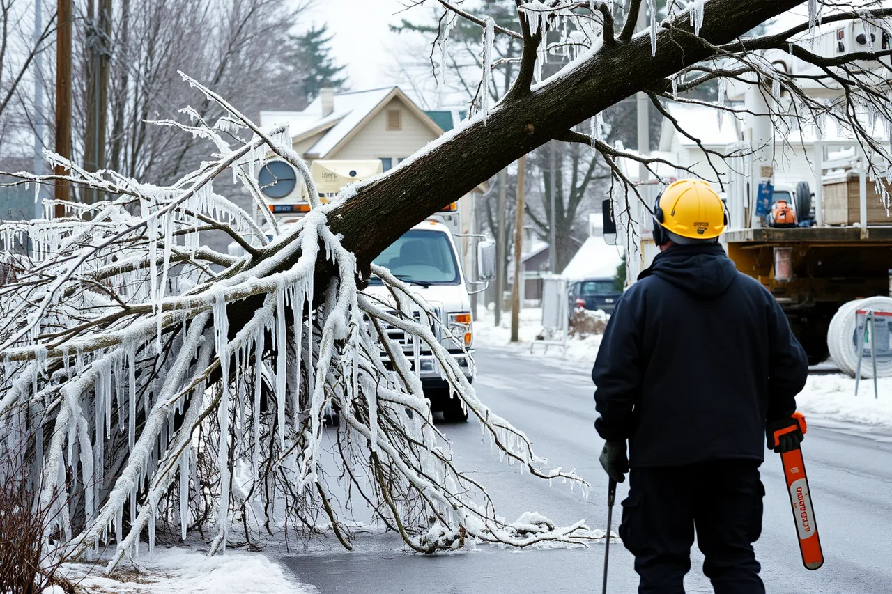 Crew waiting beside a tree leaning on a downed power line (Storm response and insurance-funded cleanup after ice storms and hurricanes in Atlantic Canada)