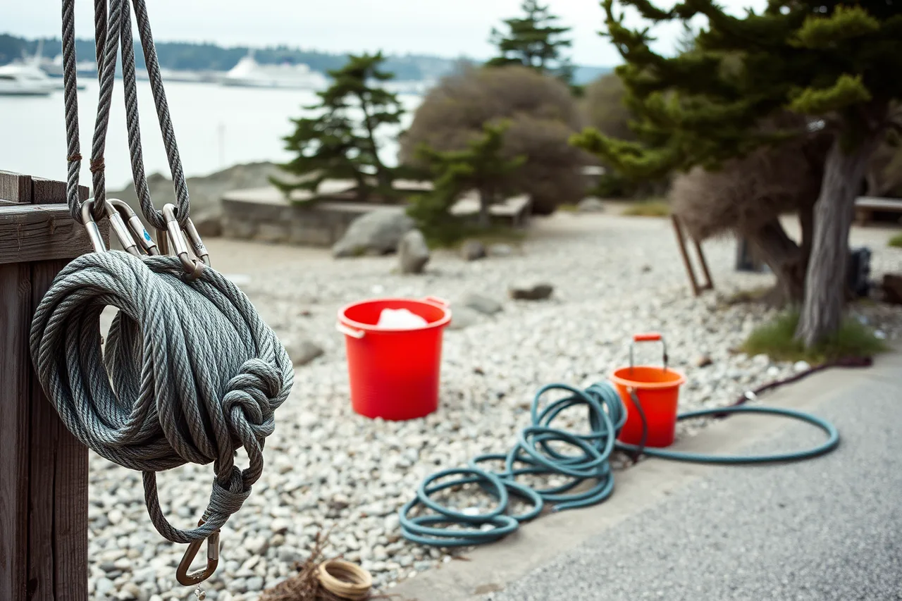 Arborist rinsing saw and climbing rope with fresh water (Storm response and insurance-funded cleanup after ice storms and hurricanes in Atlantic Canada)