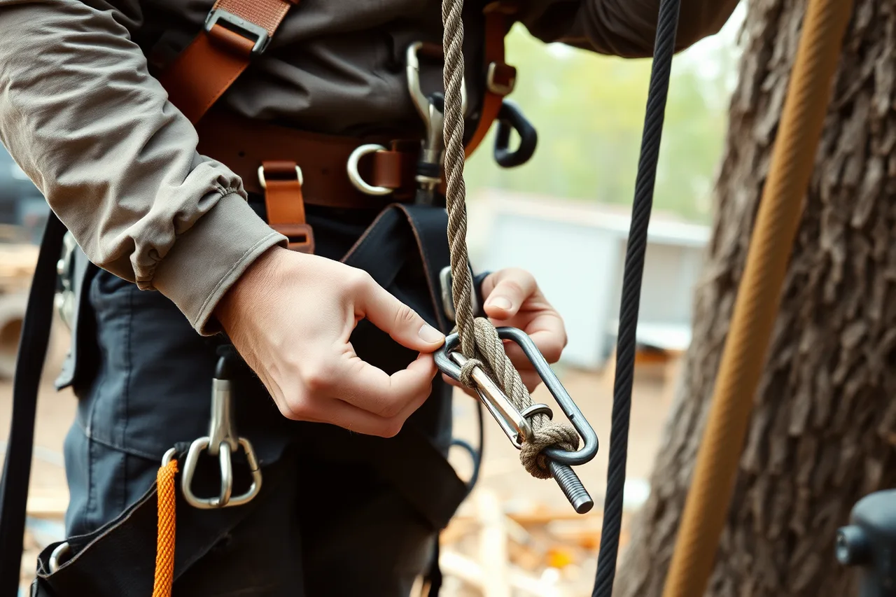 Arborist inspecting climbing saddle and rope before use (Tree service complaint handling: what to keep and what to drop)