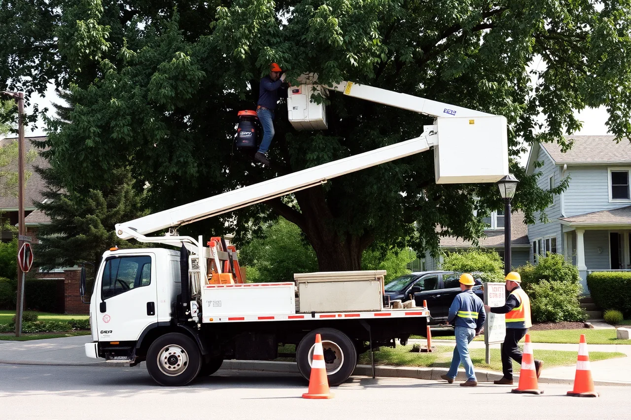 Bucket truck lifting an arborist to a tree canopy for pruning (4 takeaways on tree service pricing and profit)