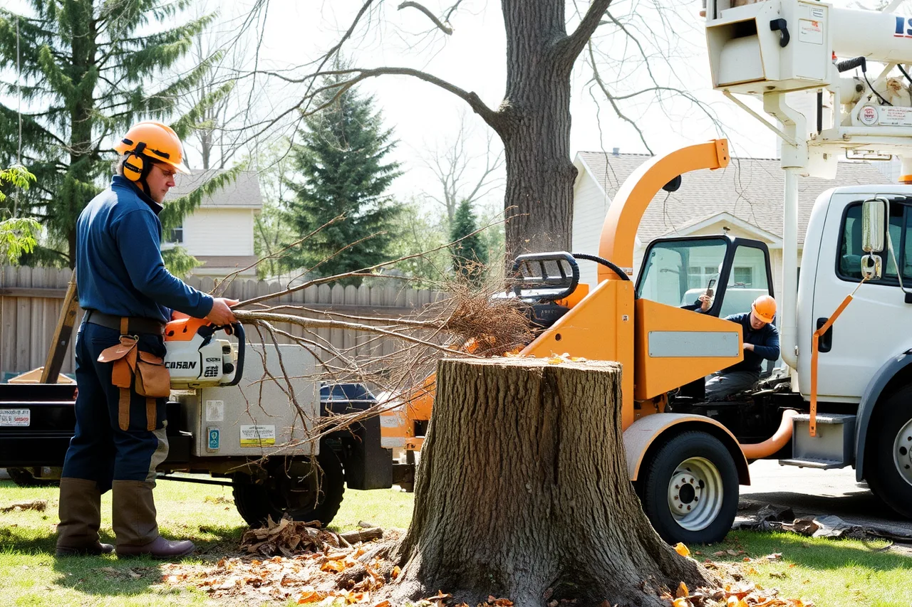 Arborist crew feeding limbs into a wood chipper beside a bucket truck (What do WSIB, WorkSafeBC and Alberta WCB cost a tree service crew?)