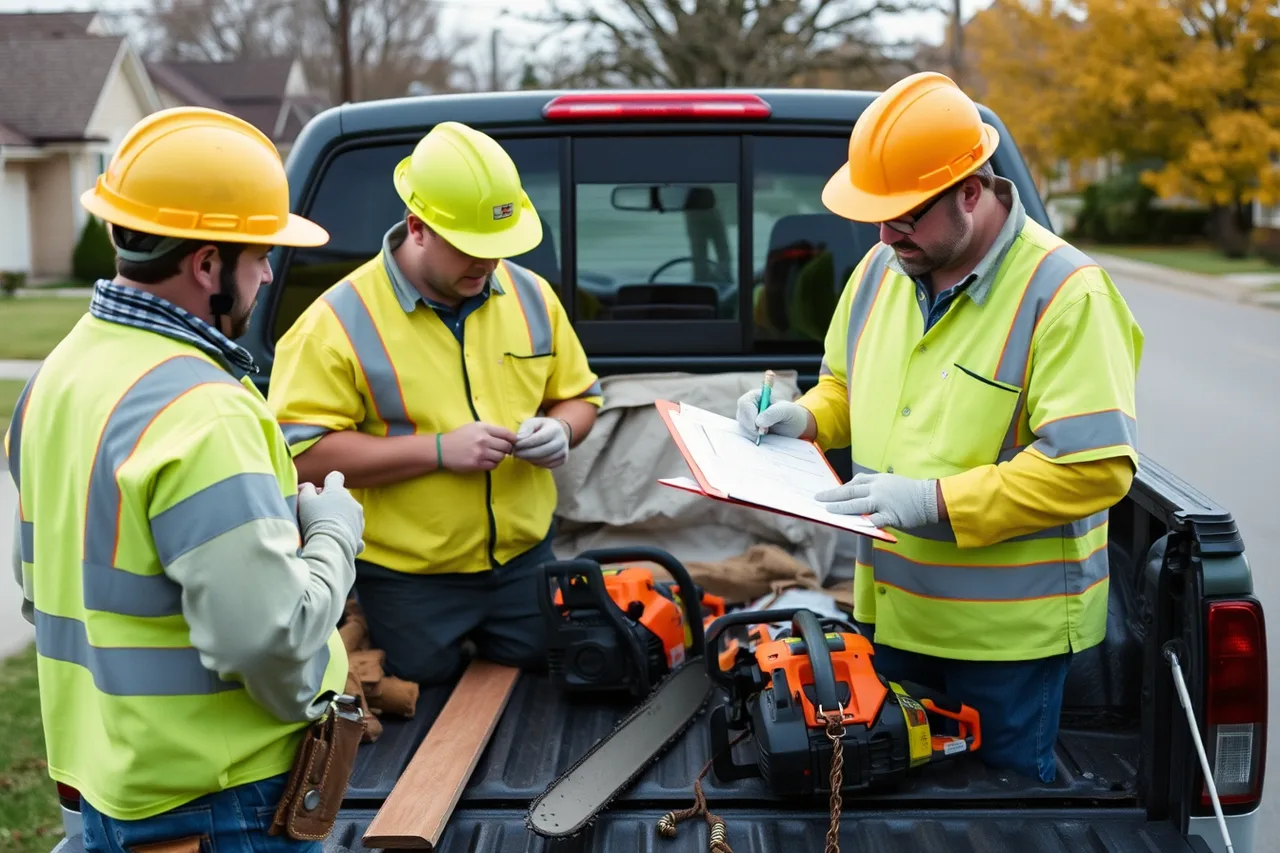 Alberta arborists completing a hazard assessment form at a truck tailgate (What do WSIB, WorkSafeBC and Alberta WCB cost a tree service crew?)